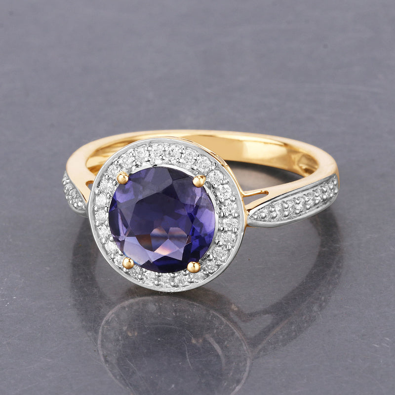 1.79 Carat Genuine Iolite and White Diamond 14K Yellow Gold Ring