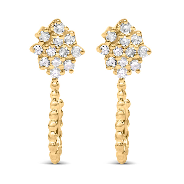 14K Yellow Gold Plated .925 Sterling Silver 1/10 Cttw Diamond Floral Cluster and Beaded Hoop Stud Earrings (H-I Color, I1-I2 Clarity)