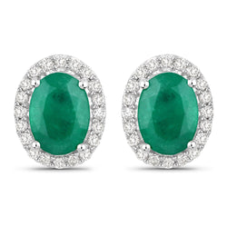 1.74 Carat Genuine Zambian Emerald and White Diamond 14K White Gold Earrings