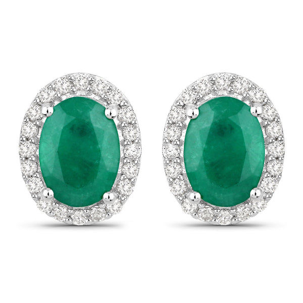 1.74 Carat Genuine Zambian Emerald and White Diamond 14K White Gold Earrings