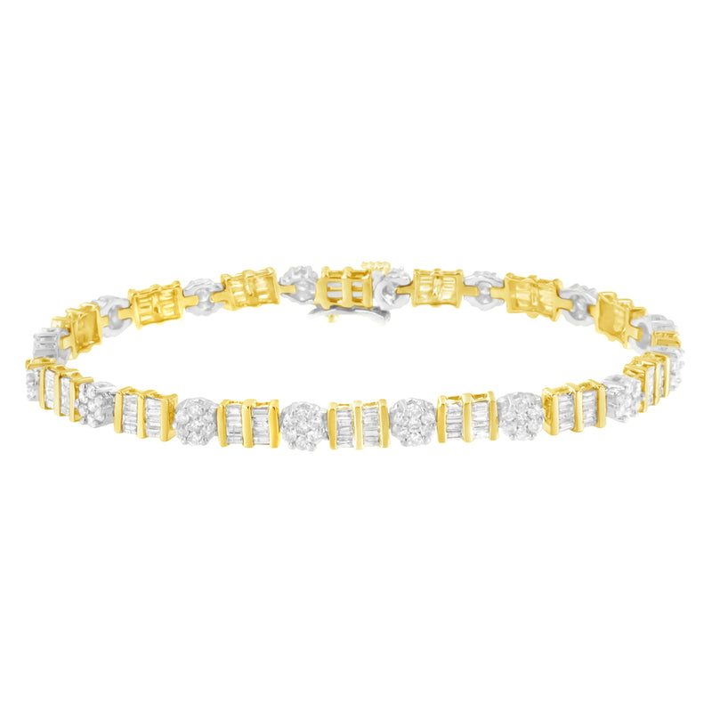 14K White and Yellow Gold 3-3/8 Cttw Round & Baguette-Cut Diamond Cluster Two Tone Alternating Station 7" Tennis Bracelet (H-I Color, I1-I2 Clarity)