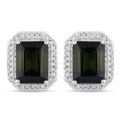 3.57 Carat Genuine Green Tourmaline and White Diamond 14K White Gold Earrings