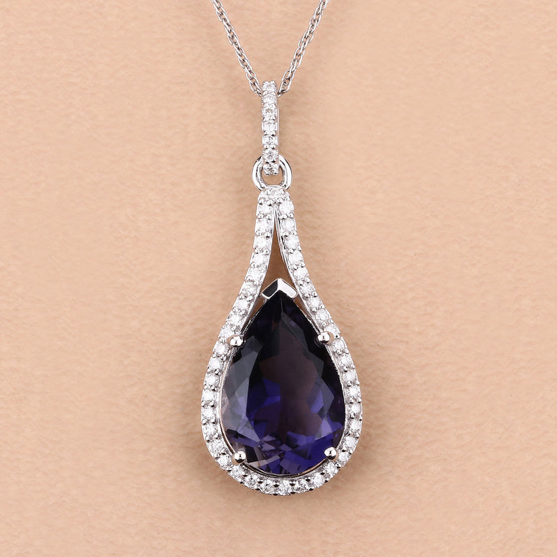 5.42 Carat Genuine Iolite and White Diamond 14K White Gold Pendant