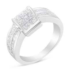 14K White Gold 1ct Diamond Square Cluster Ring (H-I SI1-SI2)