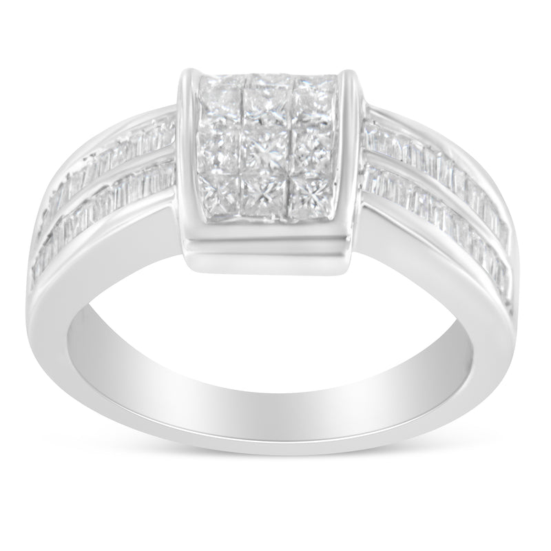 14K White Gold 1ct Diamond Square Cluster Ring (H-I SI1-SI2)