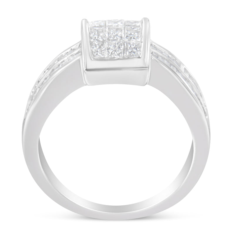 14K White Gold 1ct Diamond Square Cluster Ring (H-I SI1-SI2)