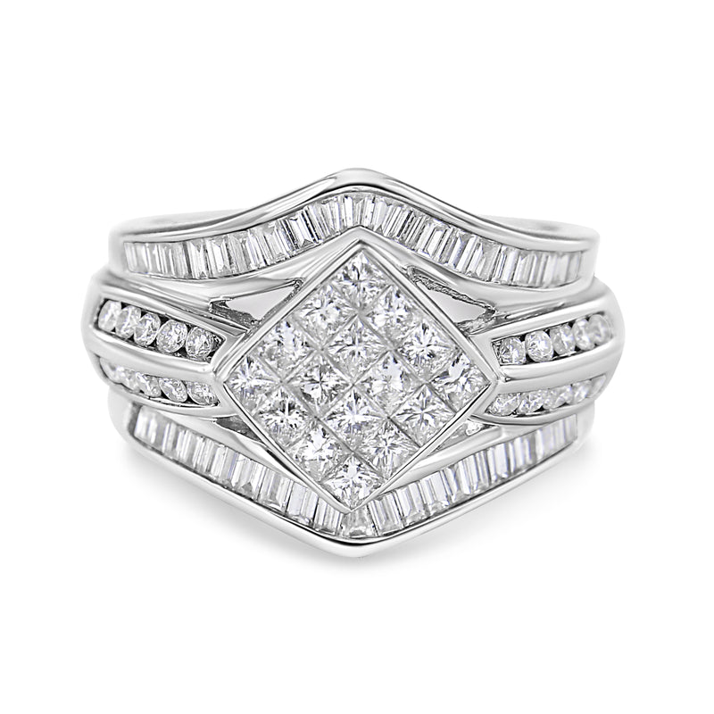 14K White Gold 1 3/4 Cttw Round Princess and Baguette Cut Diamond Ring (G-H Color SI1-SI2 Clarity)