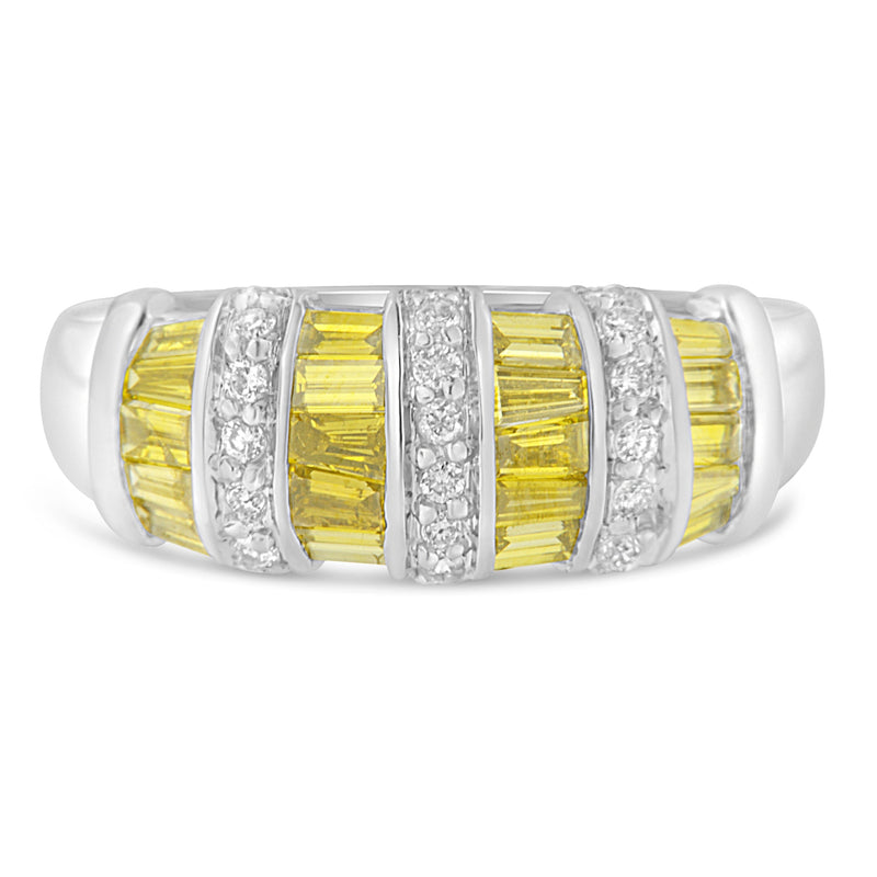 14k White Gold 1 1/4ct TDW Treated Yellow Baguette and Round Diamond Modern Ring Band(H-I SI2-I1)