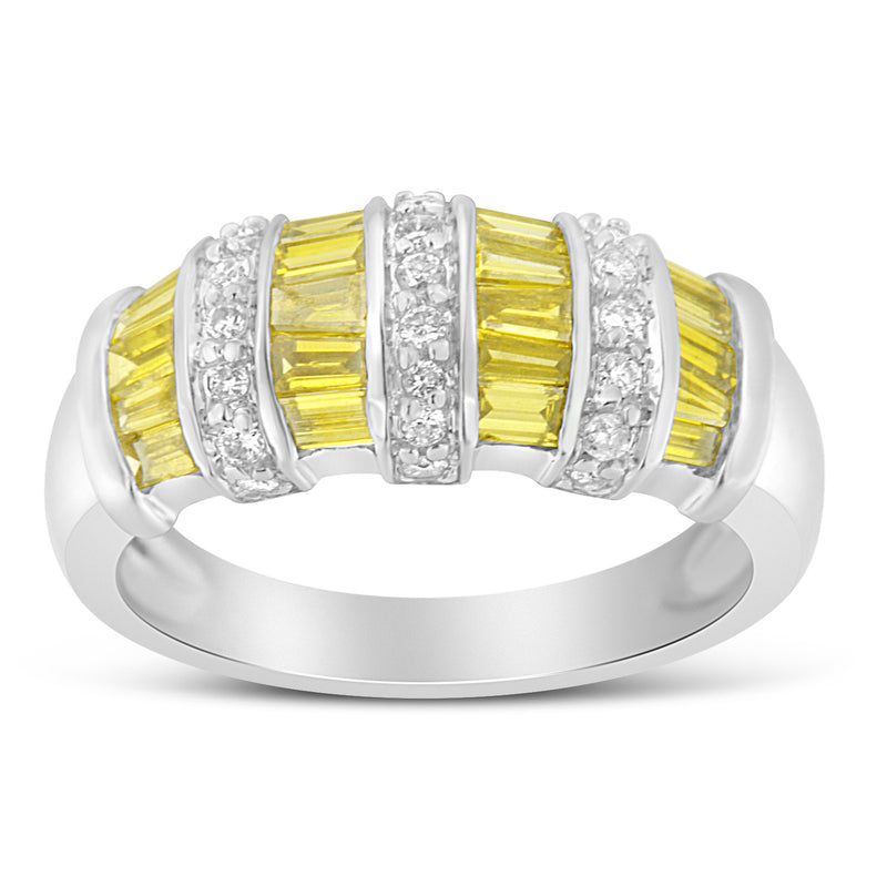 14k White Gold 1 1/4ct TDW Treated Yellow Baguette and Round Diamond Modern Ring Band(H-I SI2-I1)