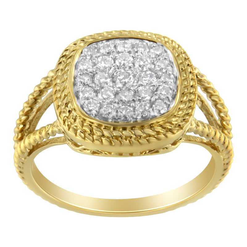 10K Yellow Gold Plated .925 Sterling Silver 1/2 Cttw Diamond Square Cushion Cluster Split Shank Cocktail Ring (J-K Color, I2-I3 Clarity) - Size 7