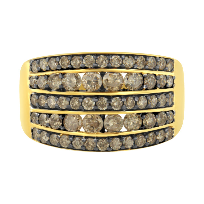 10K Yellow Gold Over .925 Sterling Silver 1 1/2 cttw Black Rhodium Shared-Prong Round-Cut Diamond 5 Row Band Ring (J-K Color, I1-I2 Clarity) - Size 7