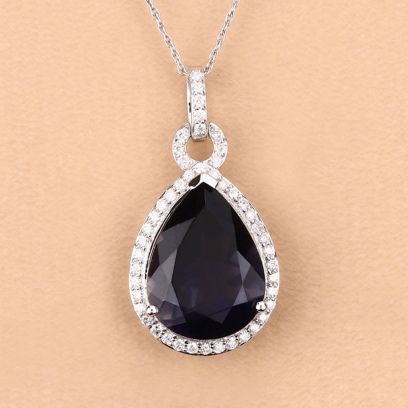 6.41 Carat Genuine Iolite and White Diamond 14K White Gold Pendant