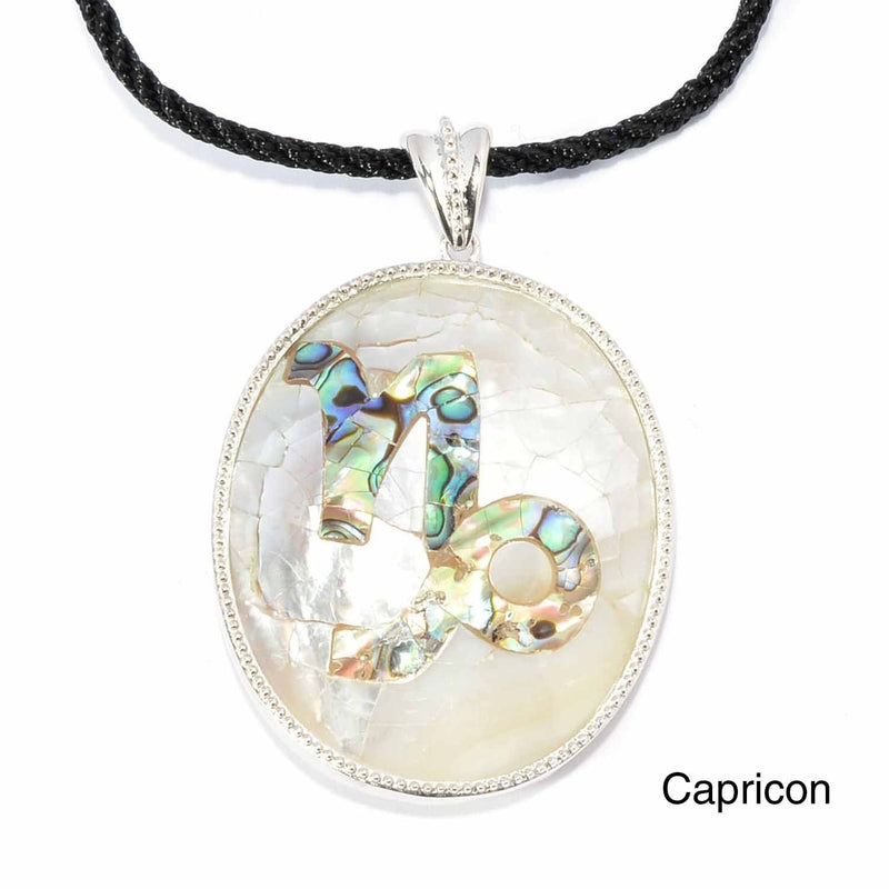 Capricorn Zodiac Pendant Necklace with River Shell, Abalone, and Sterling Silver