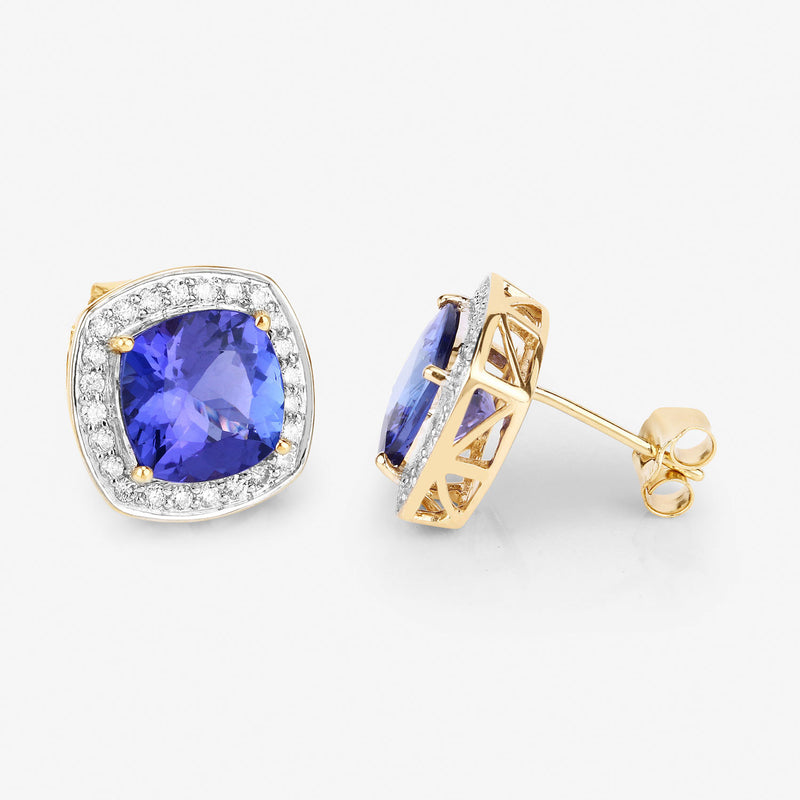 5.98 Carat Genuine Tanzanite and White Diamond 14K Yellow Gold Earrings