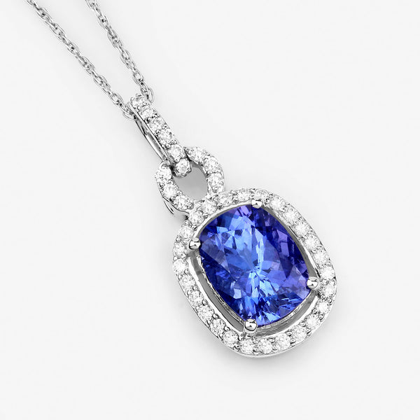 1.85 Carat Genuine Tanzanite and White Diamond 14K White Gold Pendant