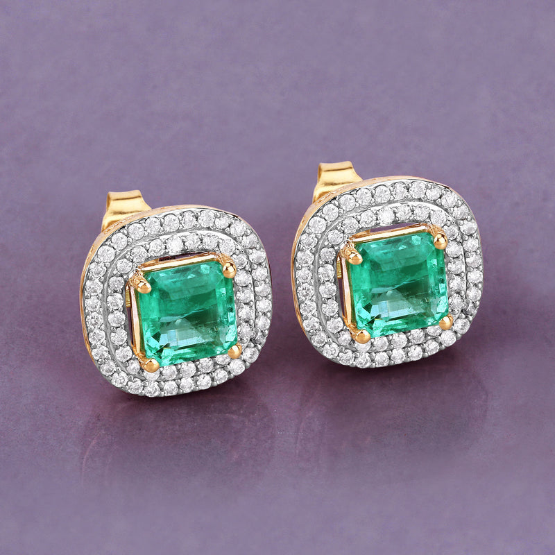 2.87 Carat Genuine Emerald and White Diamond 14K Yellow Gold Earrings