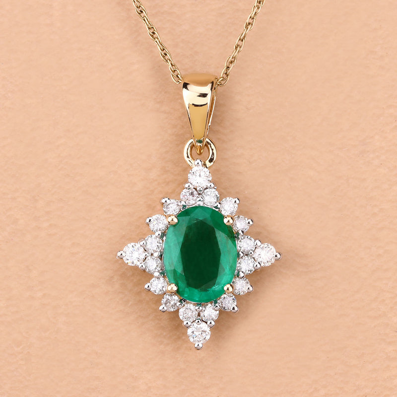 1.54 Carat Genuine Zambian Emerald and White Diamond 14K Yellow Gold Pendant