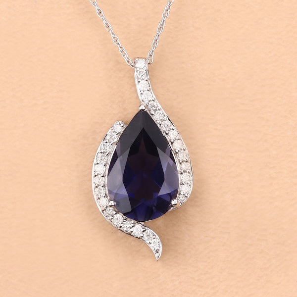 3.40 Carat Genuine Iolite and White Diamond 14K White Gold Pendant