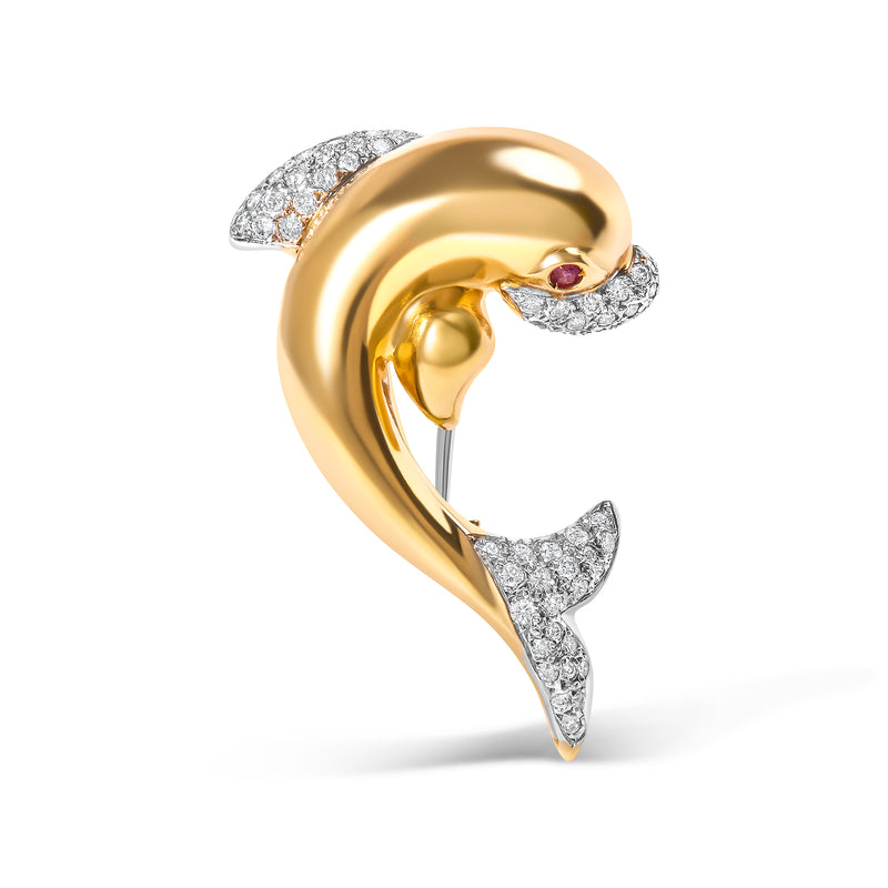 18K Yellow Gold 2/5 Cttw Diamond and Ruby Dolphin Brooch Pin (H-I Color, VS1-VS2 Clarity)