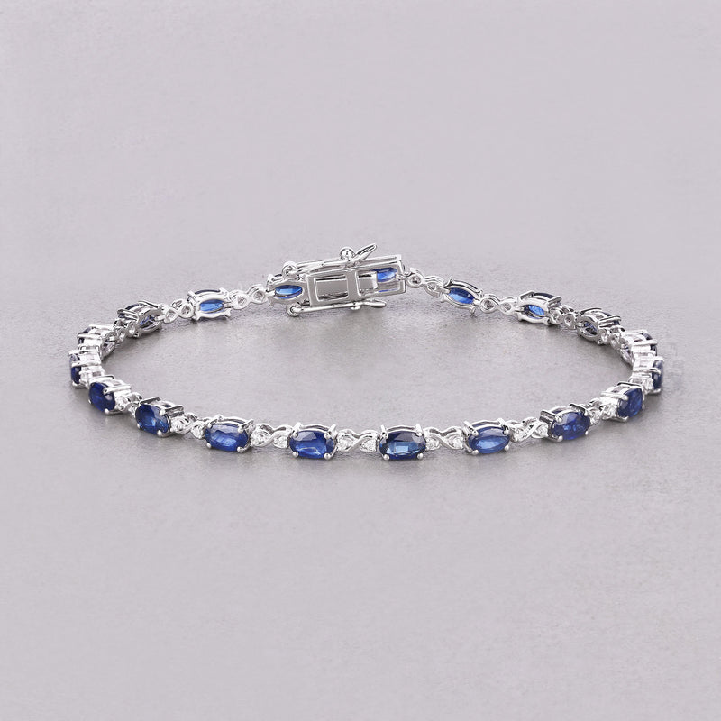 4.43 Carat Genuine Blue Sapphire and White Diamond 14K White Gold Bracelet