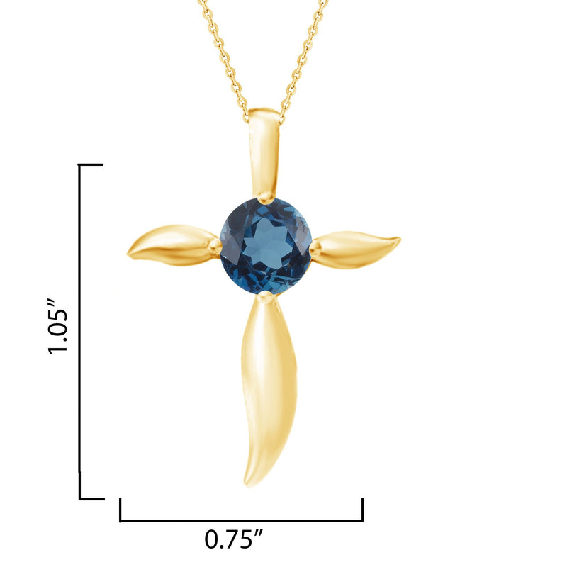 V3 Jewelry 18K Gold Plated with Round Natural London Blue Topaz Cross Pendant with 18" Chain