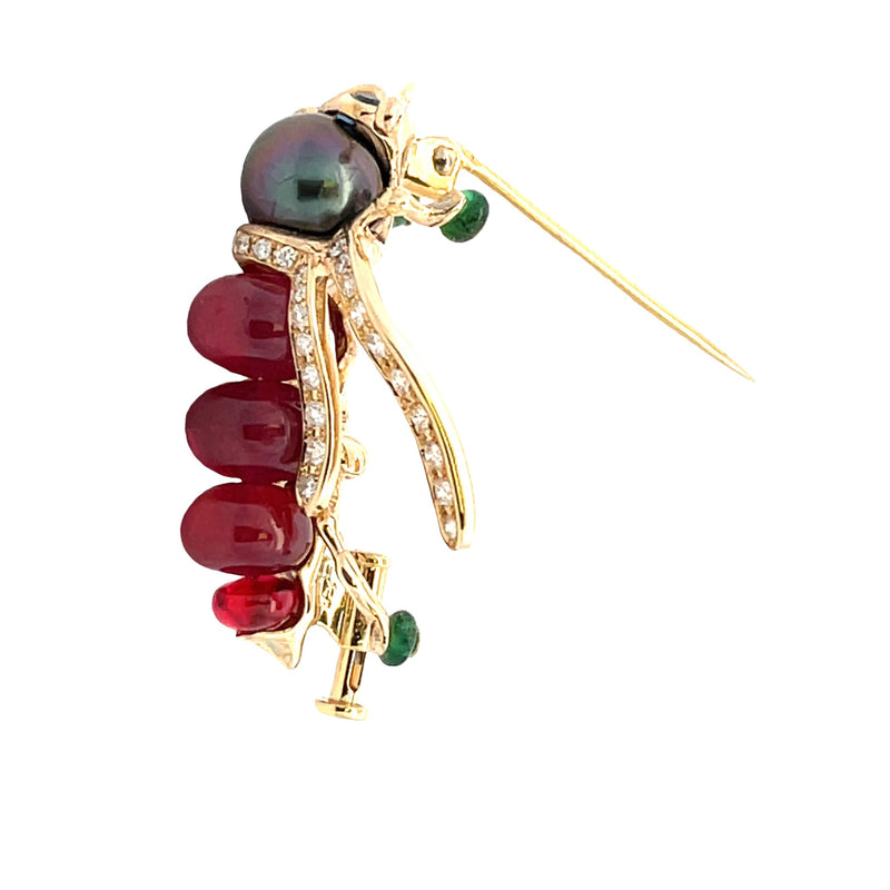 12.70ct Ruby Tahitian Pearl Pin Brooch 14KT Yellow Gold