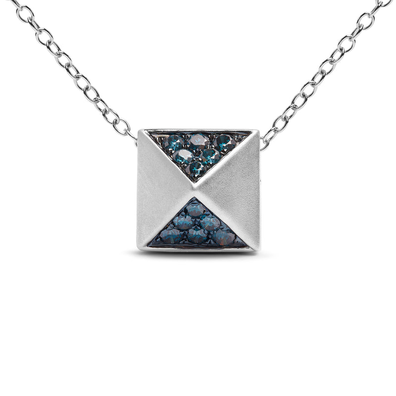 14K White Gold 1/4 Cttw Treated Blue Diamond Matte Finished Pyramid Pendant Necklace (Blue Color, SI1-SI2 Clarity) - 18" Inches