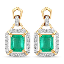 1.83 Carat Genuine Emerald and White Diamond 14K Yellow Gold Earrings