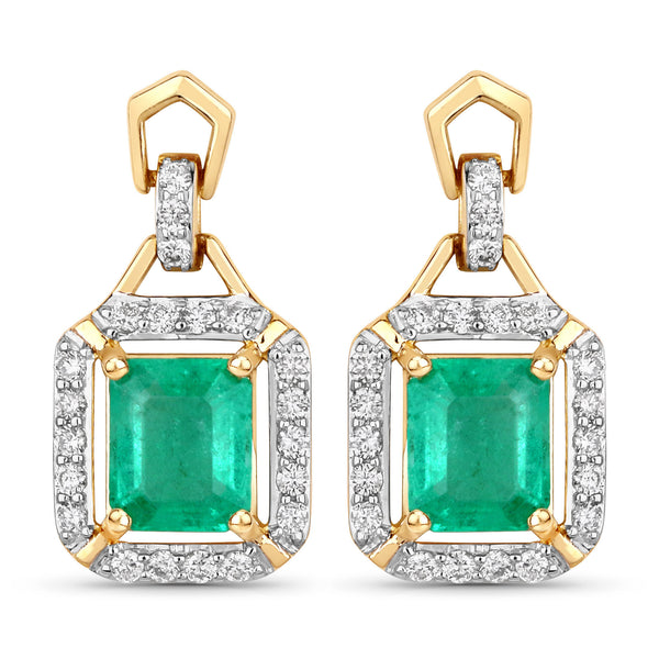 1.83 Carat Genuine Emerald and White Diamond 14K Yellow Gold Earrings