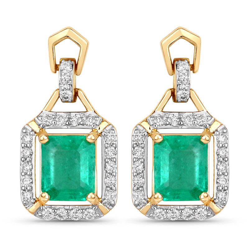 1.83 Carat Genuine Emerald and White Diamond 14K Yellow Gold Earrings