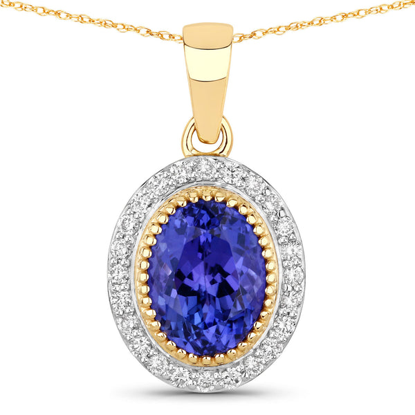 2.13 Carat Genuine Tanzanite and White Diamond 14K Yellow Gold Pendant