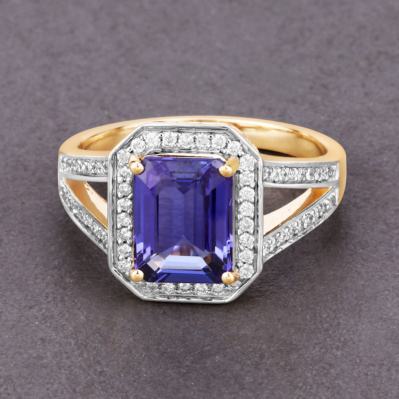 2.38 Carat Genuine Tanzanite and White Diamond 14K Yellow Gold Ring