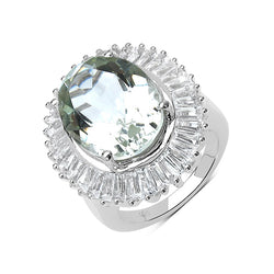 11.14 Carat Genuine Green Amethyst and White Topaz .925 Sterling Silver Ring