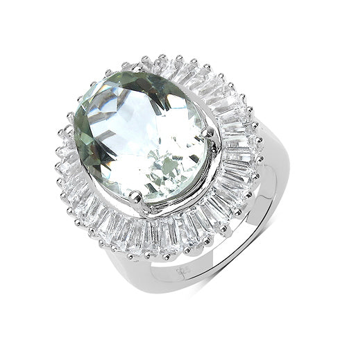 11.14 Carat Genuine Green Amethyst and White Topaz .925 Sterling Silver Ring