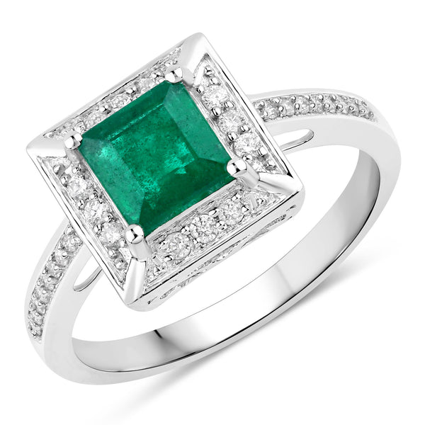 1.19 Carat Genuine Zambian Emerald and White Diamond 14K White Gold Ring