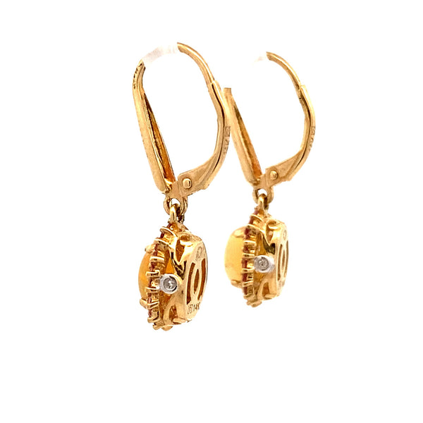 .02ct Opal Diamond Dangle Earrings 14KT Yellow Gold