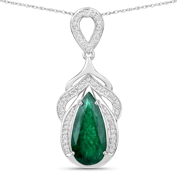 IGI Certified 4.14 Carat Genuine Zambian Emerald and White Diamond 14K White Gold Pendant