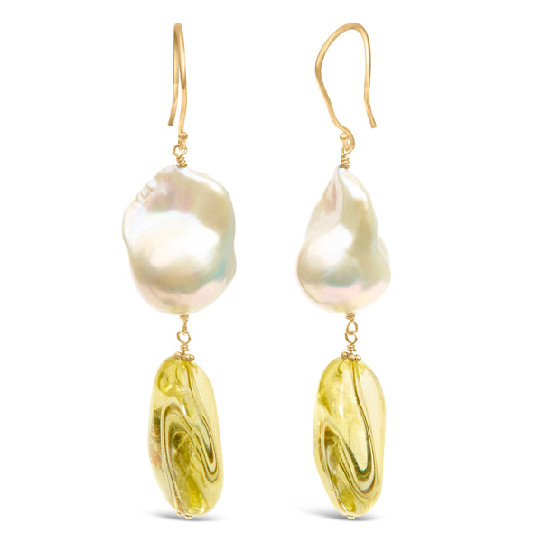 14K Yellow Gold Citrine and Baroque Pearl Drop and Dangle Earrings 1 3/4 Inch Dangle