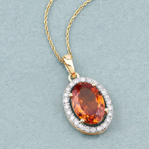 4.46 Carat Genuine Spessartite Garnet and White Diamond 14K Yellow Gold Pendant