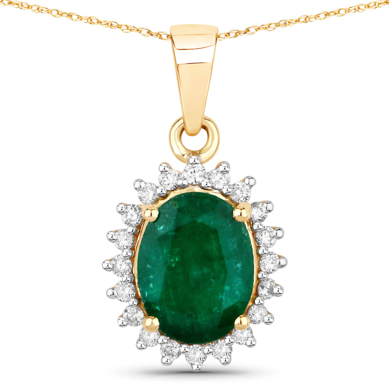 1.96 Carat Genuine Zambian Emerald and White Diamond 14K Yellow Gold Pendant