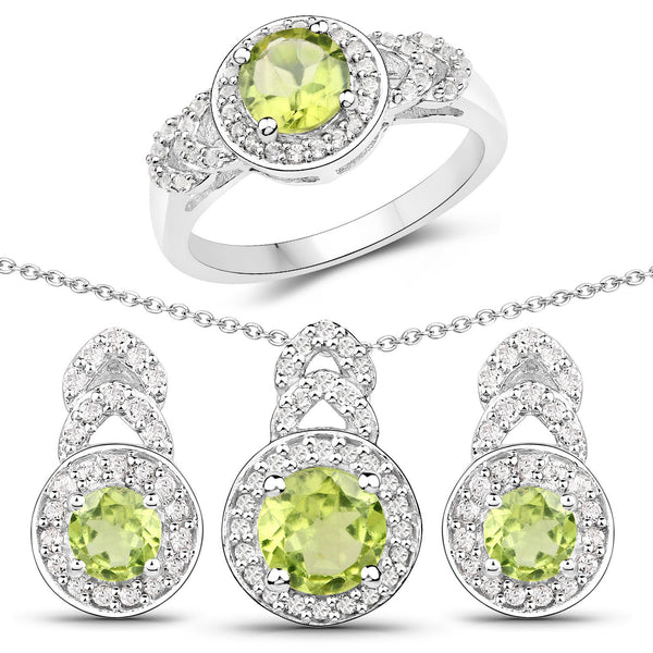 2.68 Carat Genuine Peridot and White Topaz .925 Sterling Silver Jewelry Set