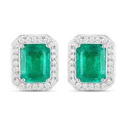 IGI Certified 5.24 Carat Genuine Zambian Emerald and White Diamond 14K White Gold Earrings