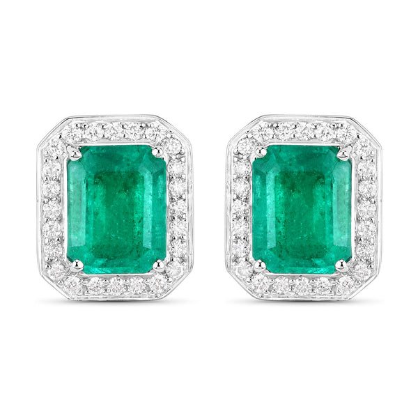 IGI Certified 5.24 Carat Genuine Zambian Emerald and White Diamond 14K White Gold Earrings