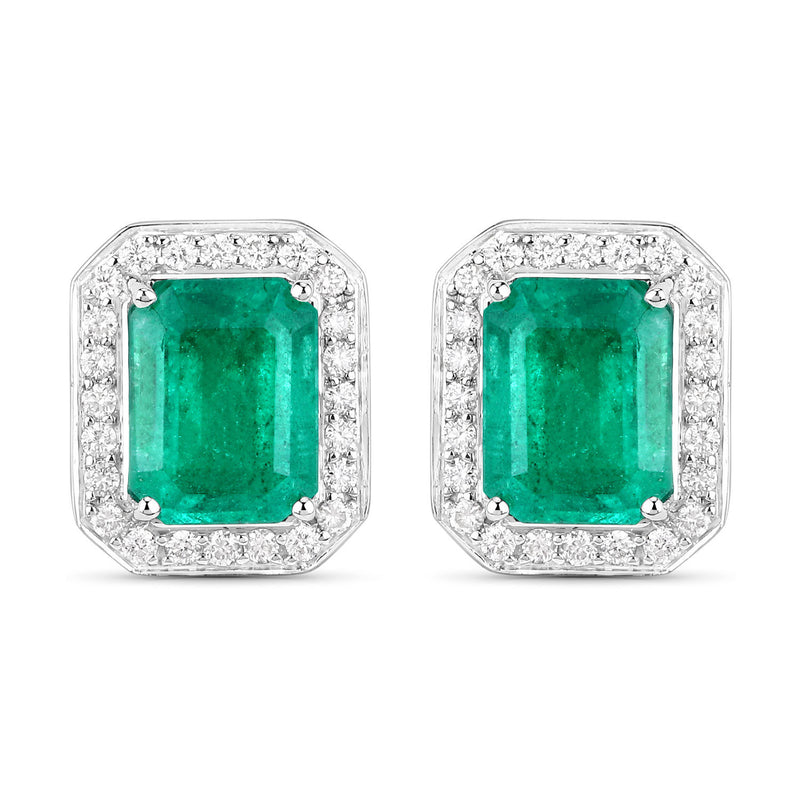 IGI Certified 5.24 Carat Genuine Zambian Emerald and White Diamond 14K White Gold Earrings