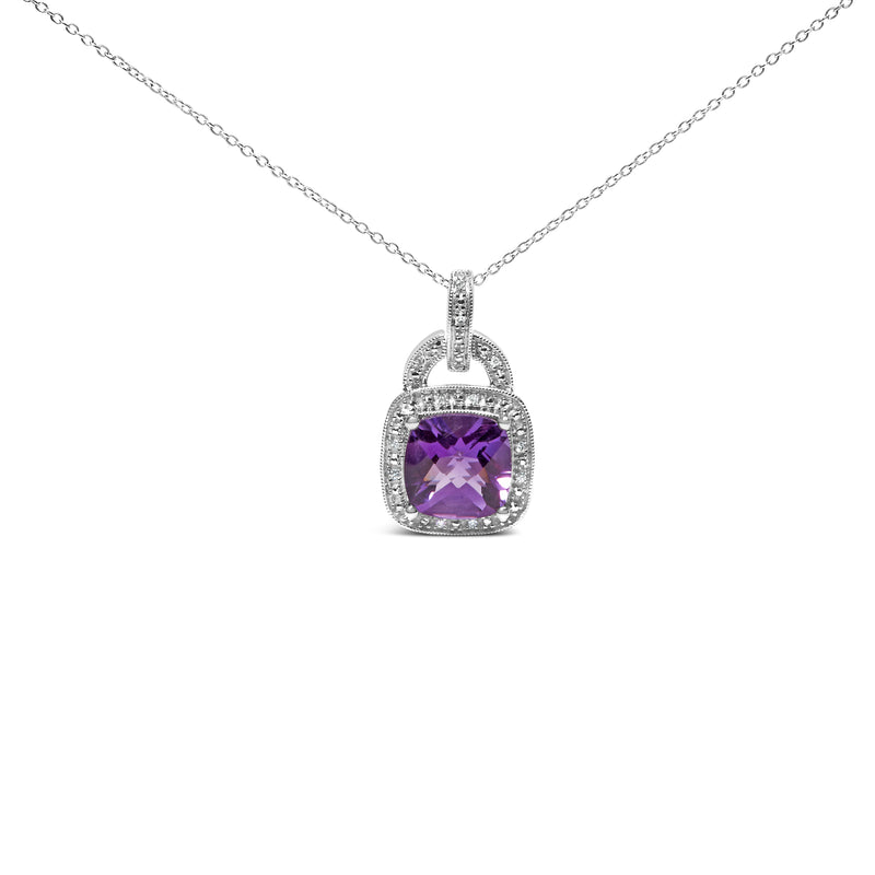 .925 Sterling Silver 10X10 MM Cushion Purple Amethyst and Diamond Accent Halo 18" Pendant Necklace (I-J Color, I1-I2 Clarity)