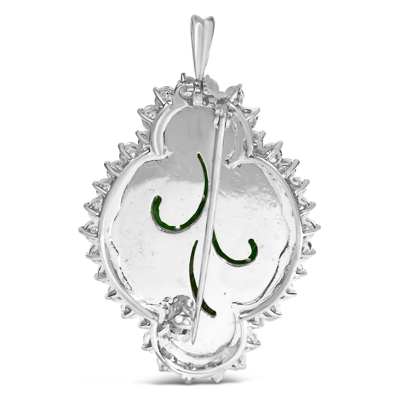 18K White Gold 2.00 Cttw Diamond Halo and Jade Shield Brooch Pin and Pendant (G-H Color, VS1-VS2 Clarity) CHAIN NOT INCLUDED