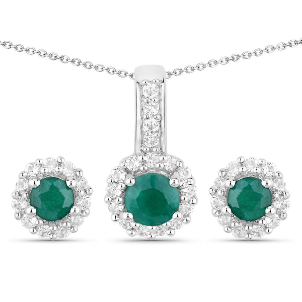 1.81 Carat Dyed Emerald and White Topaz .925 Sterling Silver Jewelry Set