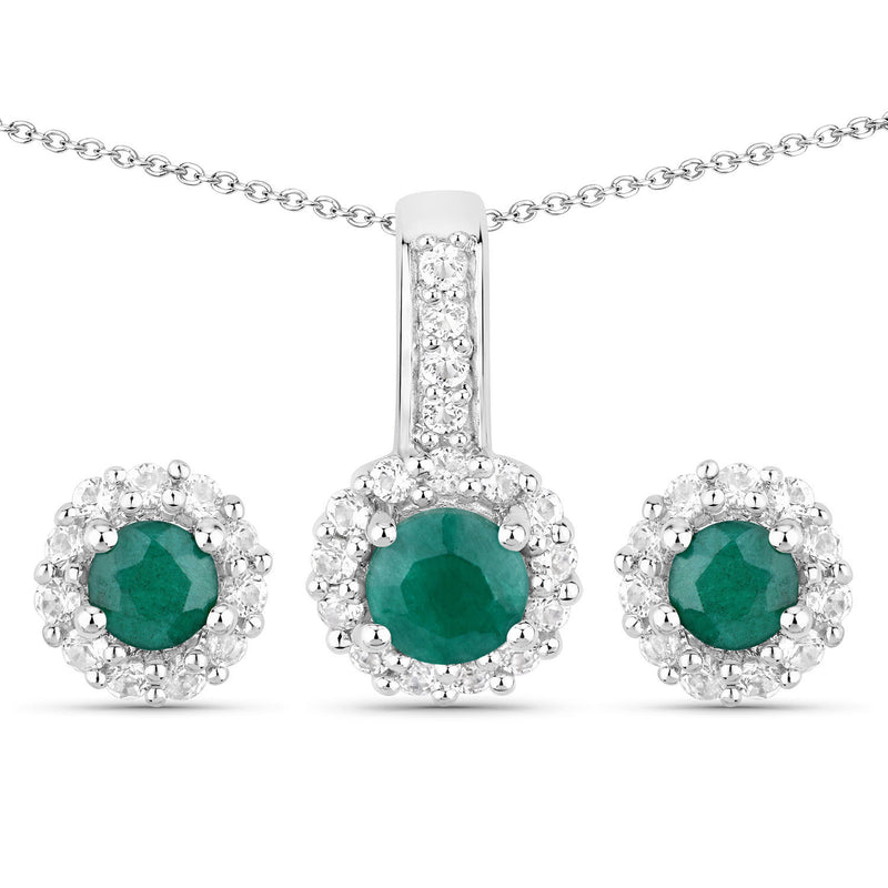 1.81 Carat Dyed Emerald and White Topaz .925 Sterling Silver Jewelry Set