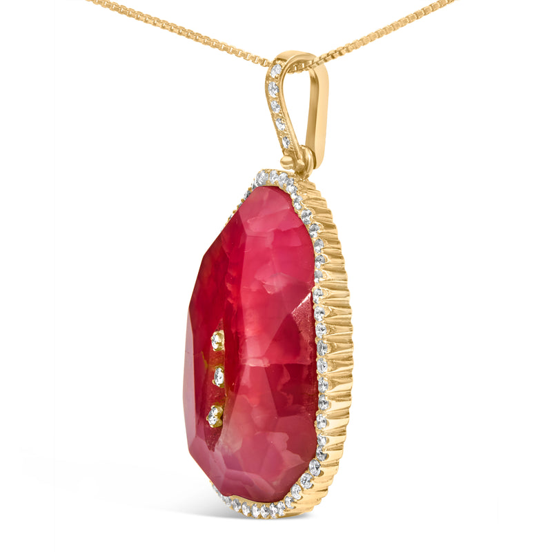 18K Yellow Gold 42.0 Cttw Pink Quartz Crystal Geode and 1.0 Cttw Diamond Halo 18" Pendant Necklace (F-G Color, VS1-VS2 Clarity)