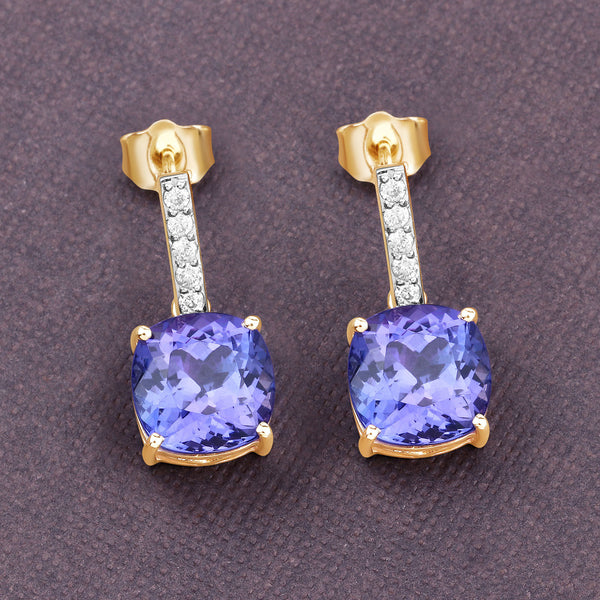 5.64 Carat Genuine Tanzanite and White Diamond 14K Yellow Gold Earrings